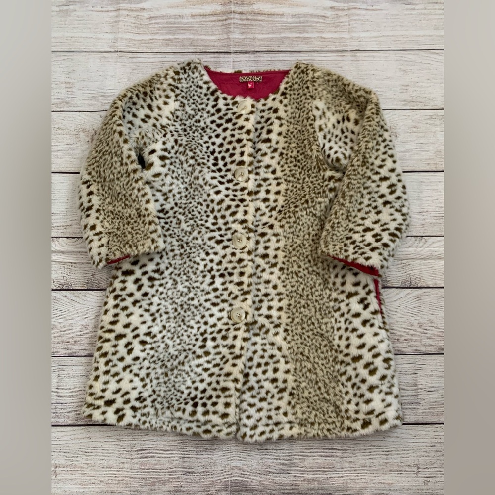 Pink Chicken Cheetah Print Kids Faux Fur Coat